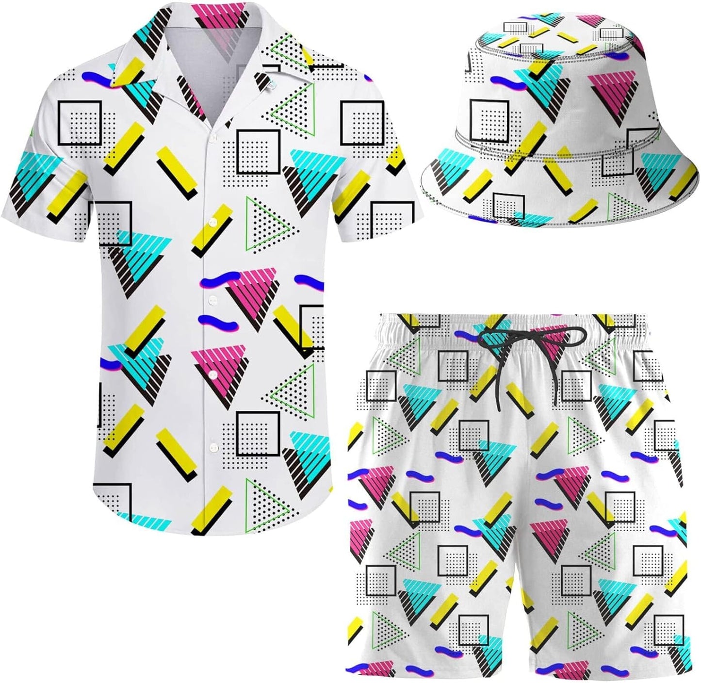 Men's Hawaiian Shirt and Shorts Set with Bucket Hat for Summer