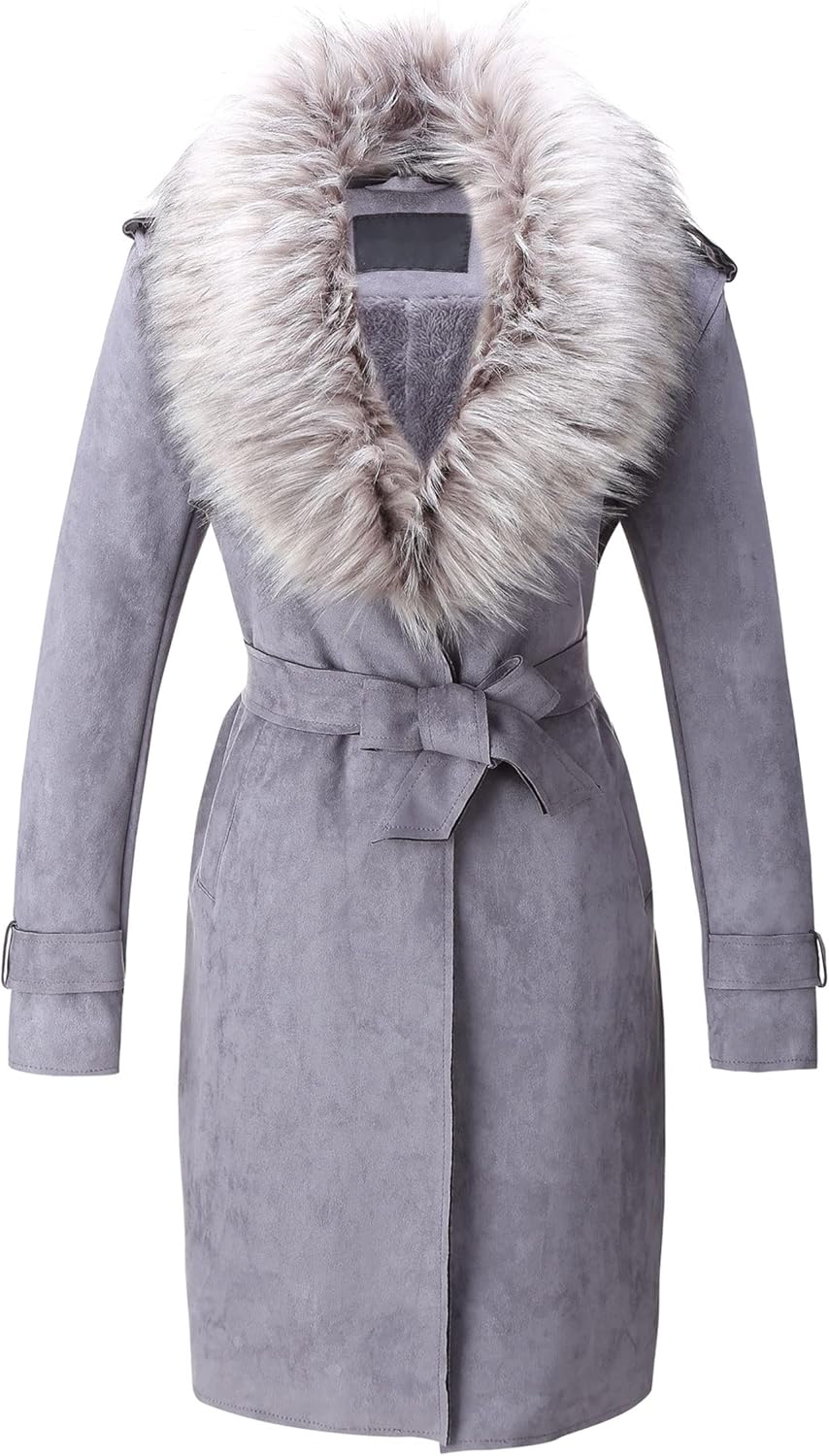 Faux Leather Trench Coat with Detachable Fur Collar for Women