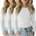 3 Pack Girls Ribbed Cotton Long Sleeve Shirts - Slim Fit Layering