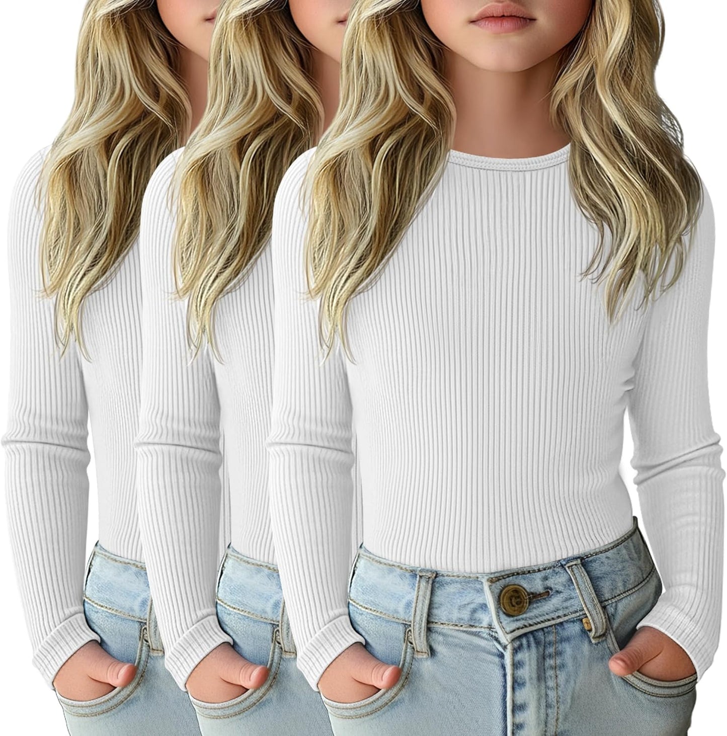 3 Pack Girls Long Sleeve Shirts for Casual Layering and Comfort
