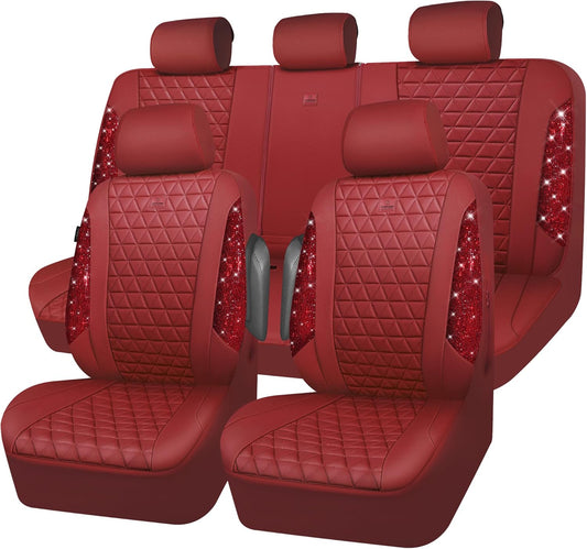 Bling Diamond Burgundy Leather Car Seat Covers for Women
