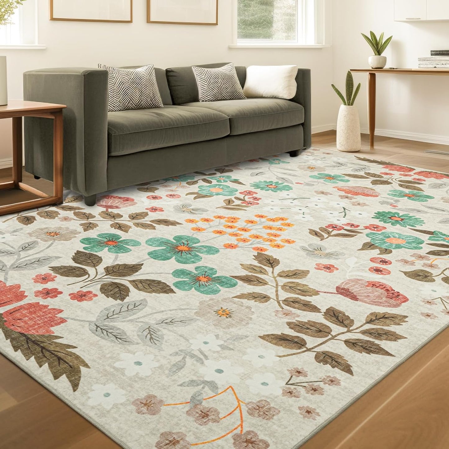 YIHOUSE Floral Beige 6x9 Washable Area Rug for Home Decor