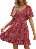 Womens Floral Smocked V Neck Flutter Sleeve Sundress - Pockets