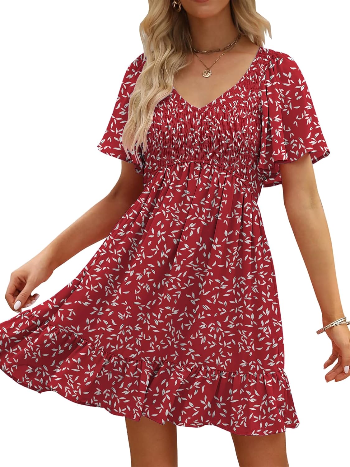 Womens Cute Floral Smocked V Neck Flutter Sleeve Sundress