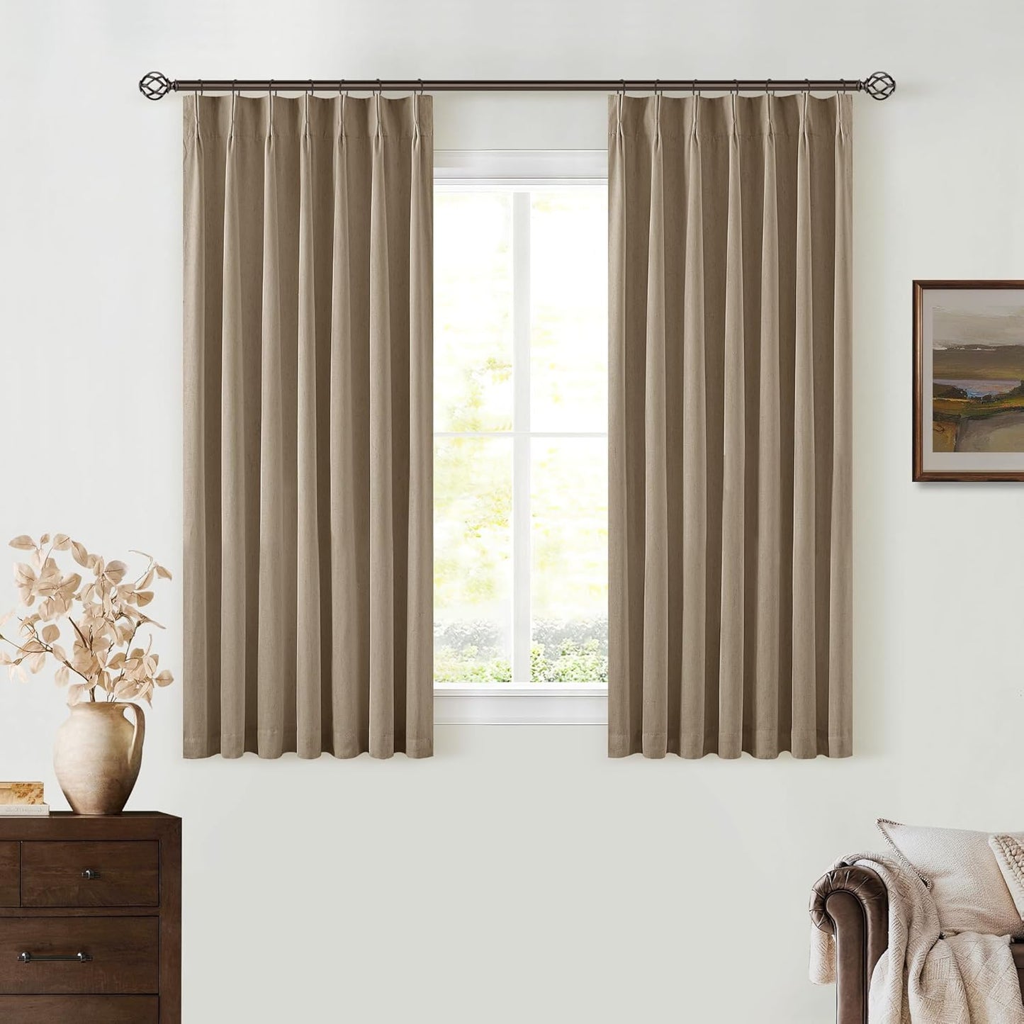 Light Brown Linen Blackout Curtains for Kitchen 45 Inch Length