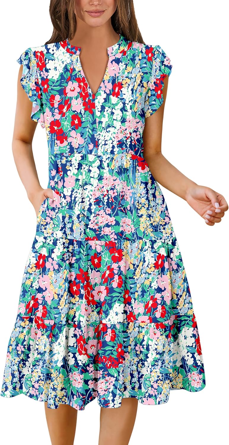 Womens Summer Dress Ruffle Sleeve V Neck Midi Casual Sundress