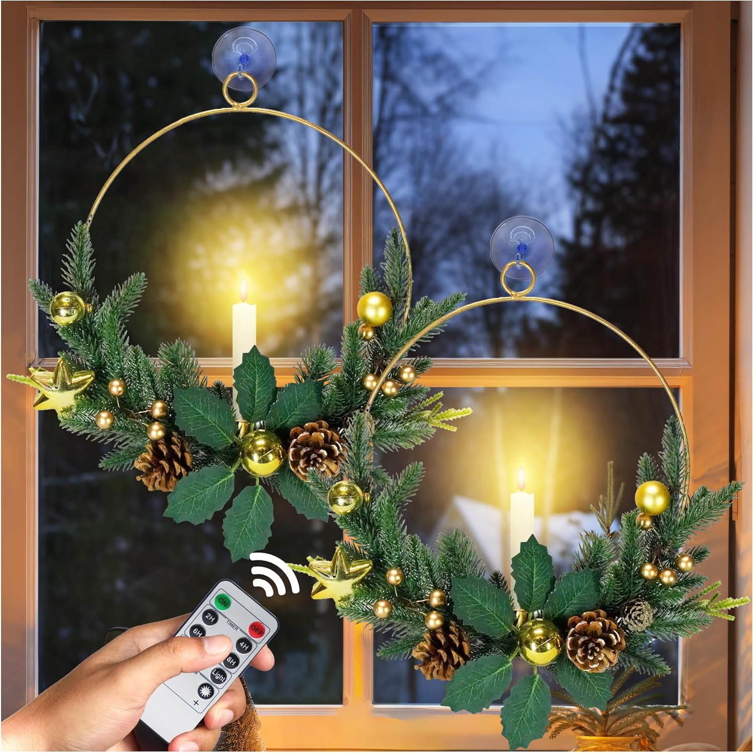 2Pack Christmas Wreaths with LED Candles for Front Door