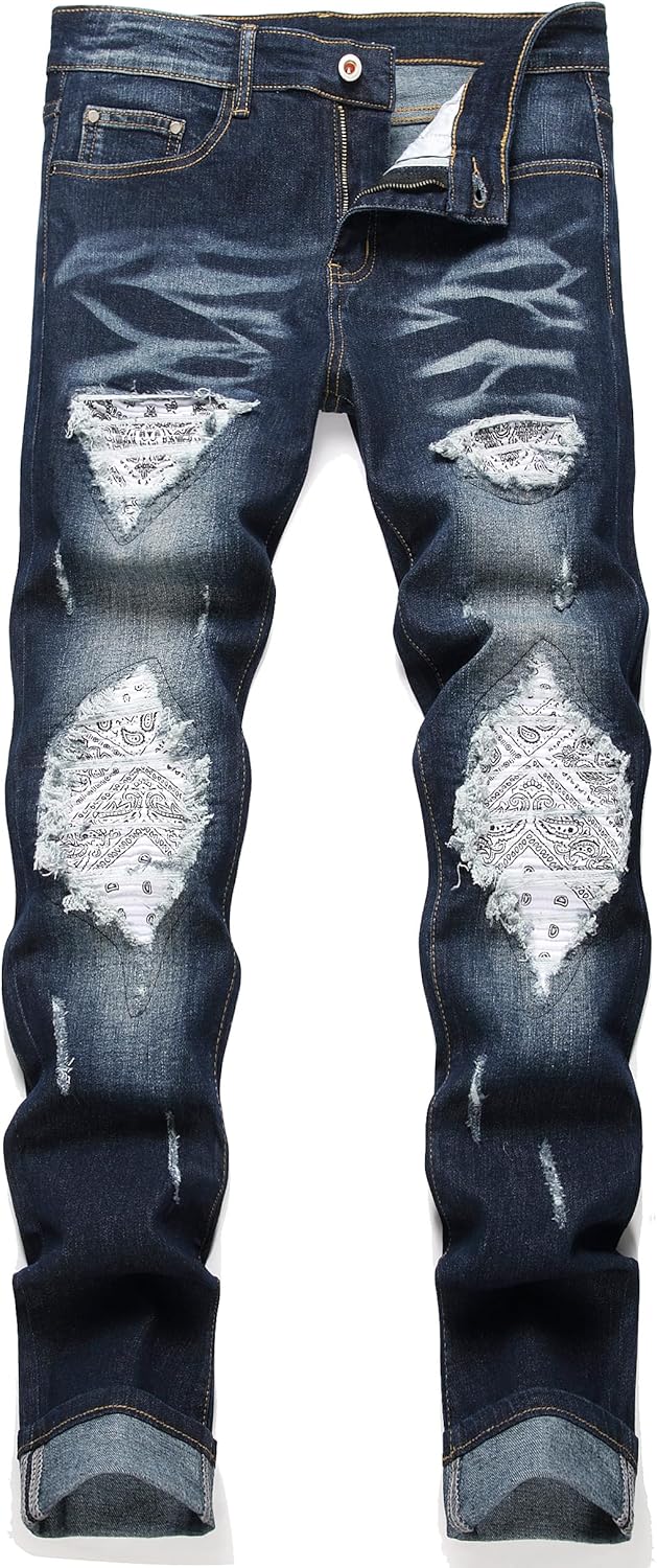 OIIIO Men's Patch Ripped Stretch Regular Fit Jean for Style