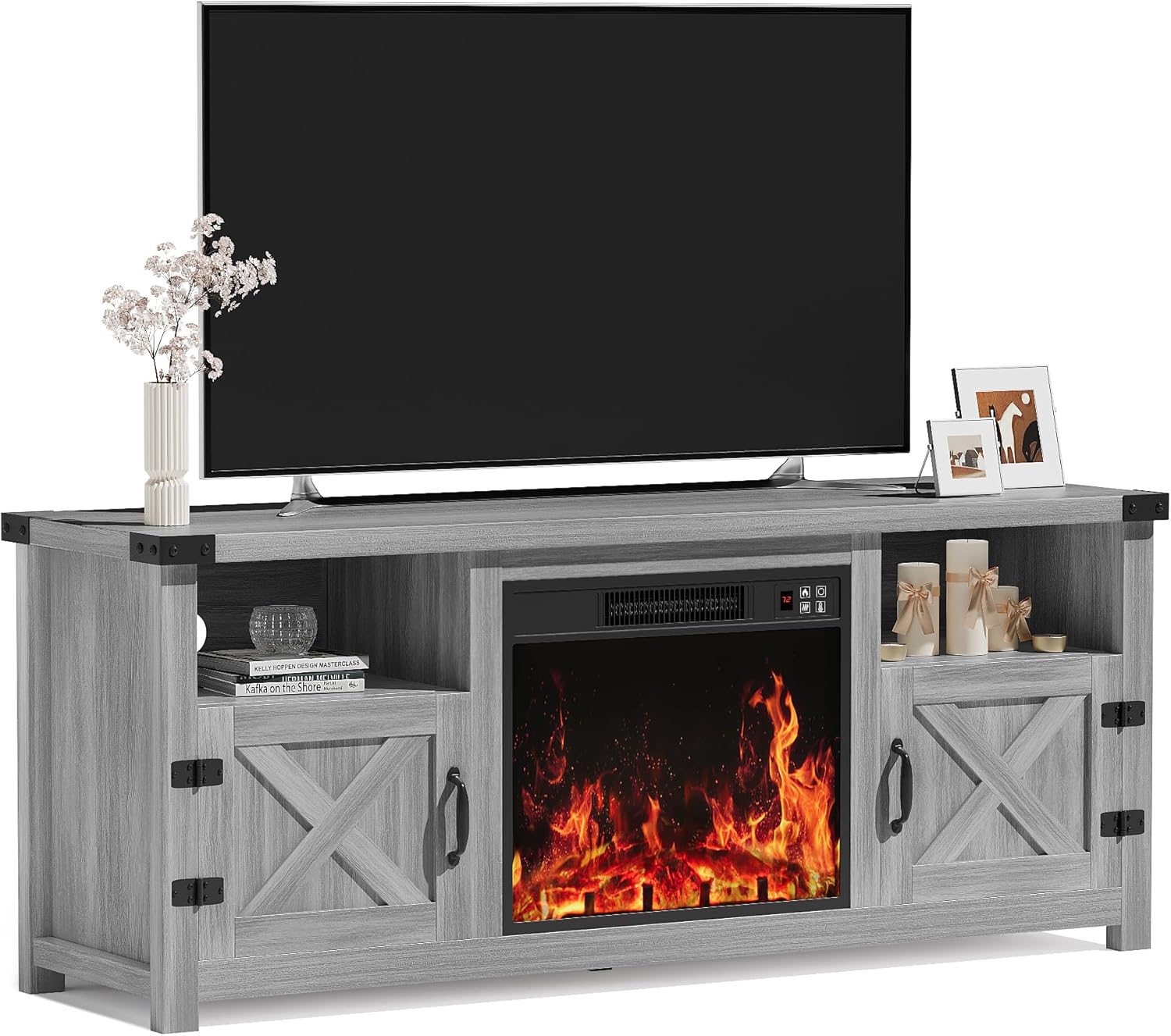 Farmhouse Fireplace TV Stand with Barn Doors for 65 Inch TVs
