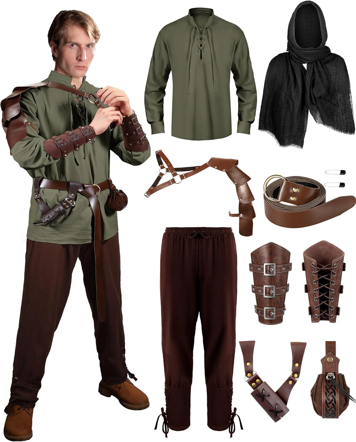 Panitay 8 Pcs Men's Renaissance Costume Set for Role Play Fun