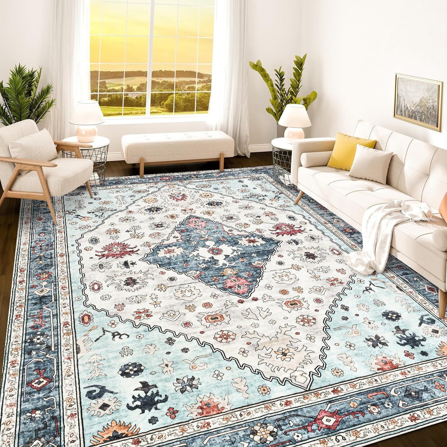 Istana Rugs 8x10 - Elegant White Cream and Blue Area Rug