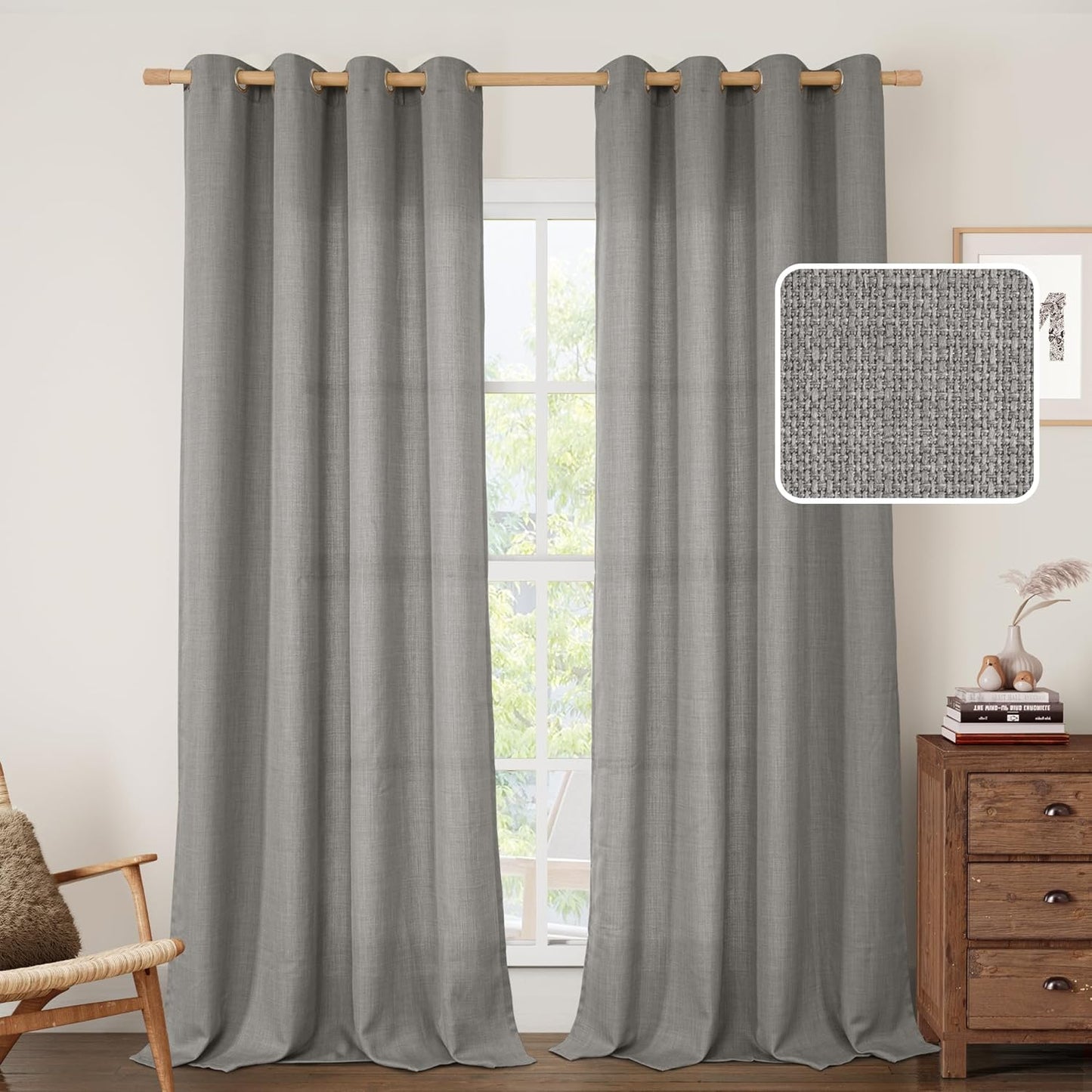 Grey Linen Curtains 90 Inch for Bedroom and Living Room Decor