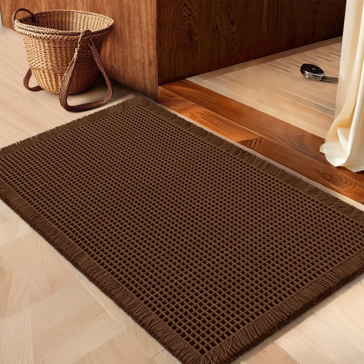 Waffle Bath Mat Brown 36x24 for Modern Boho Bathroom Decor