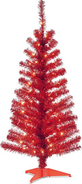 Pre-Lit Red Tinsel Christmas Tree, 4 ft - Slim, Pre-Lit Decor