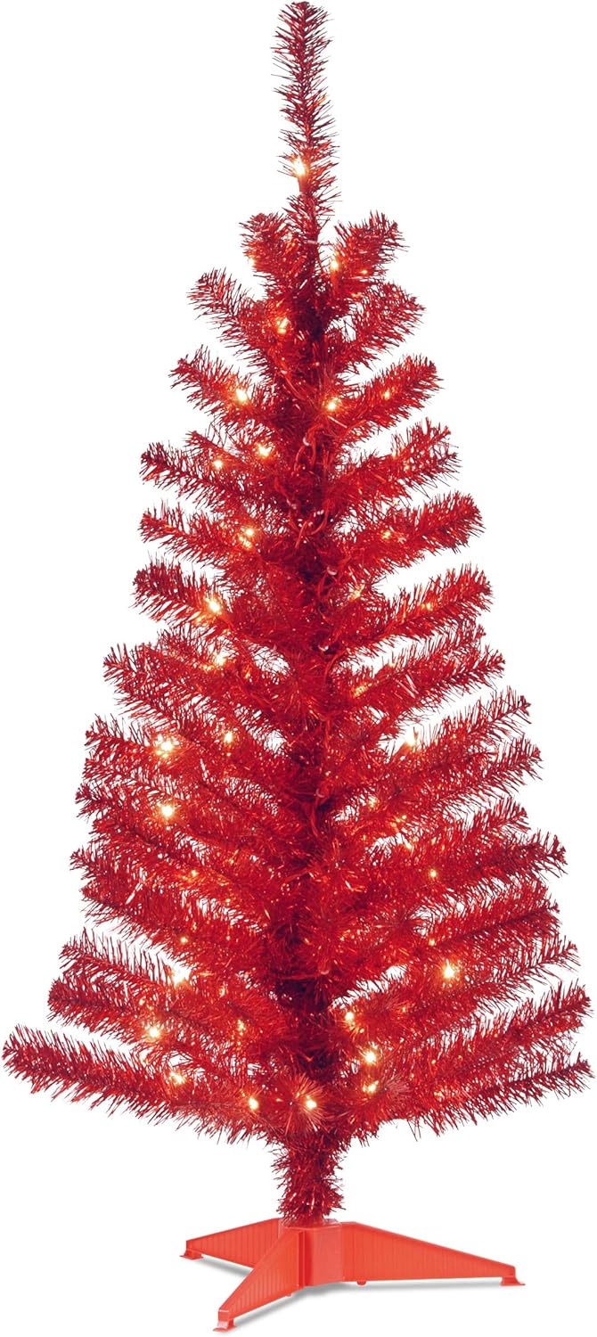 Pre-Lit Artificial Christmas Tree with Red Tinsel and Lights