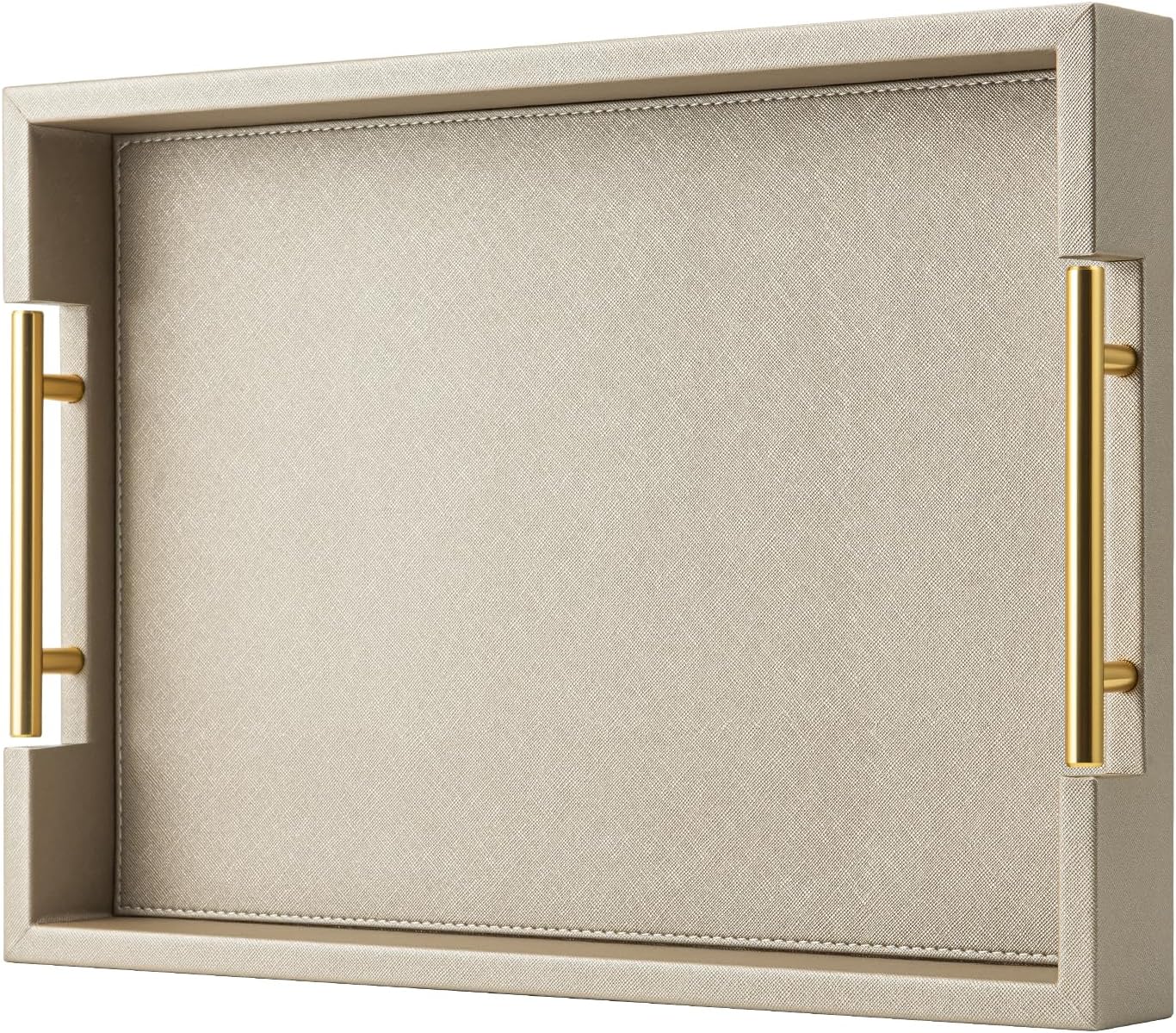 Champagne Faux Leather Serving Tray with Handles for Decor