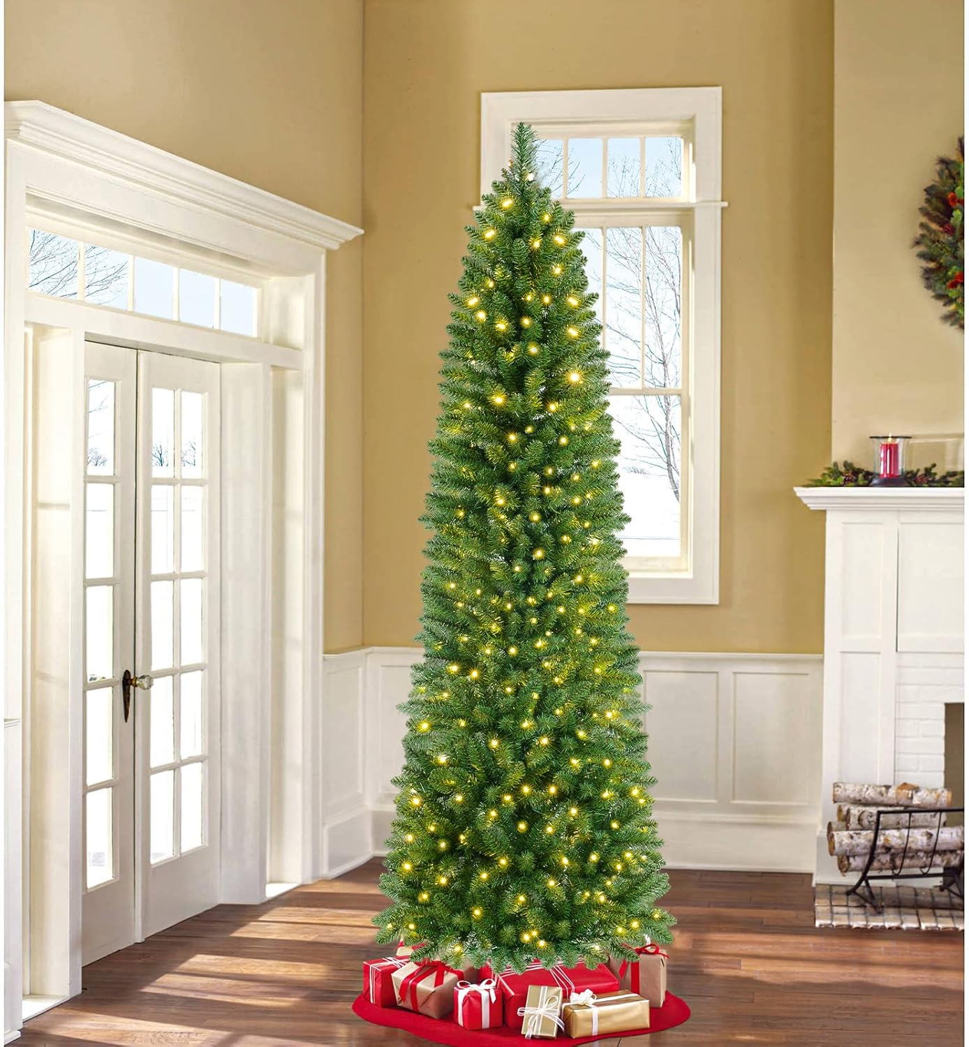 7ft Pre-lit Artificial Pencil Christmas Tree with Remote Control