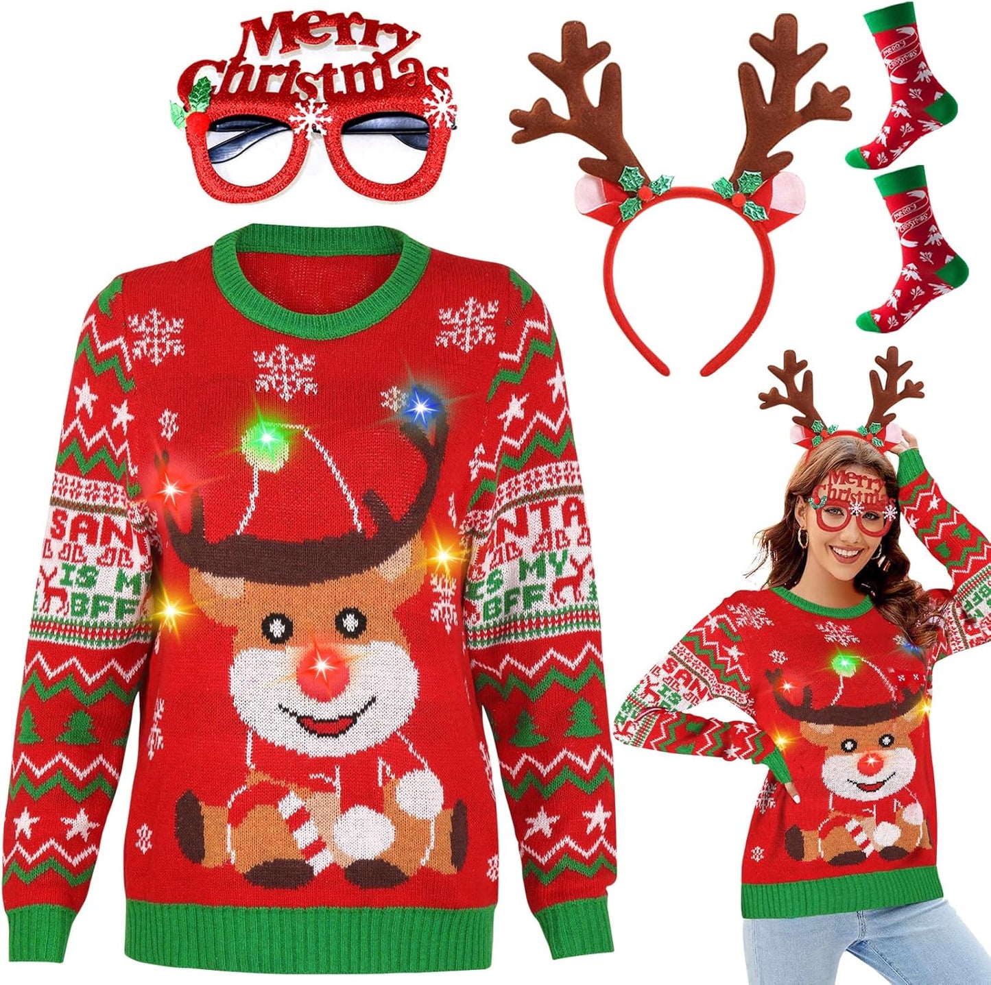 Hilarious LED Reindeer Ugly Christmas Sweater for Women