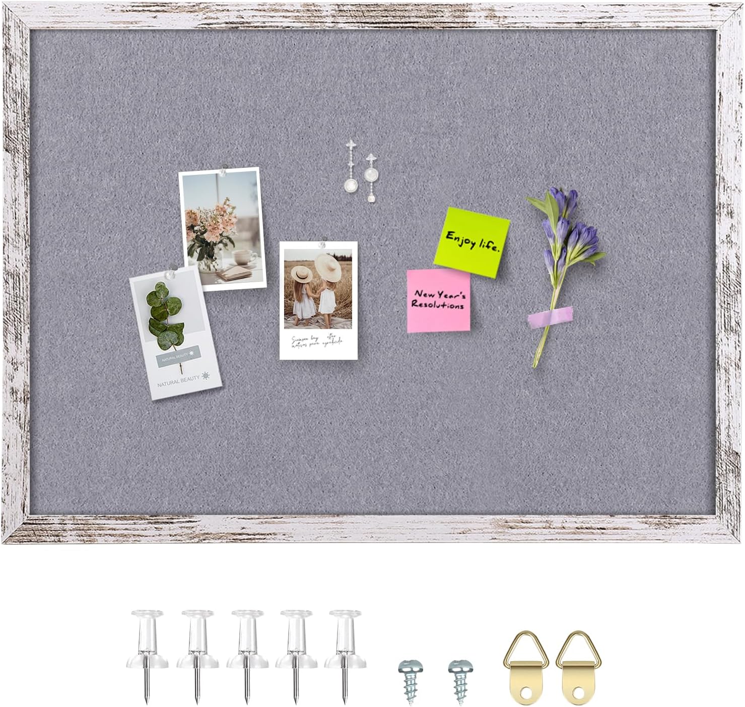 Gray Felt Bulletin Board with Rustic Wood Frame for Home Office