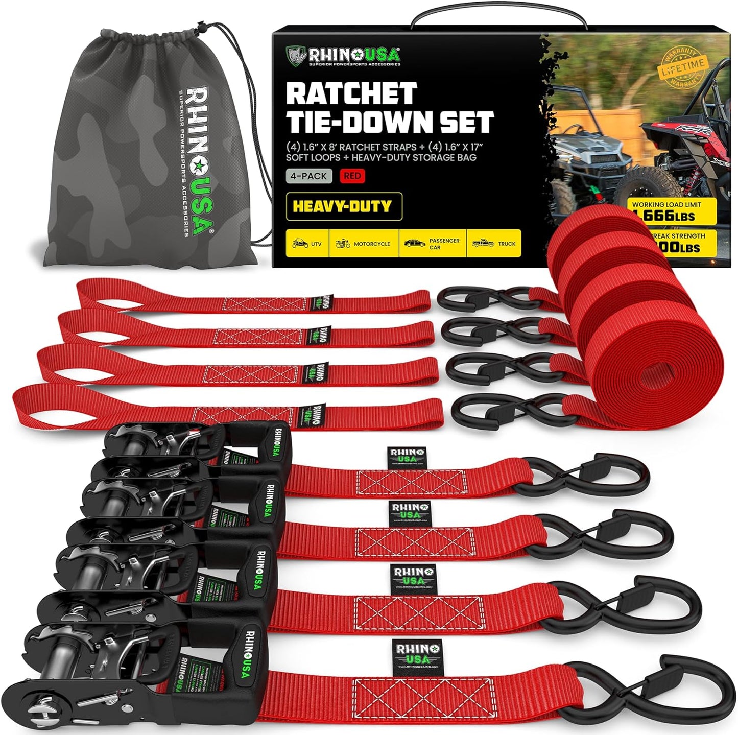 Rhino USA Ratchet Straps Heavy Duty Kit for Secure Cargo
