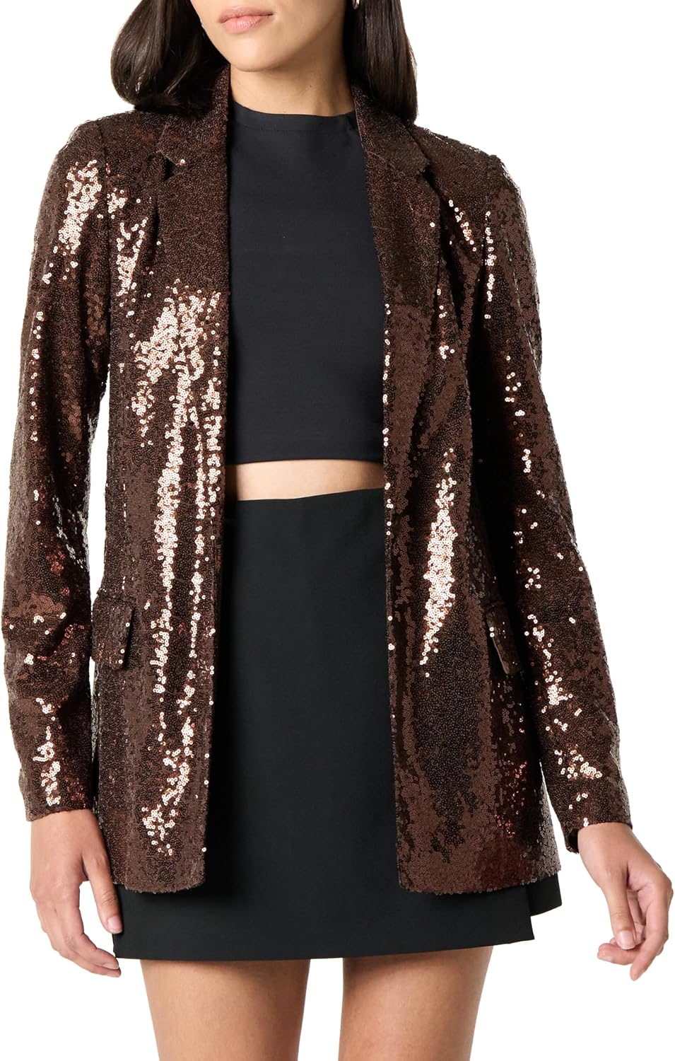 Blake Long Blazer in Chocolate Sequins for Timeless Style