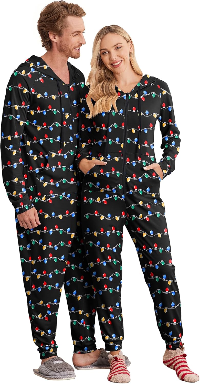 Ekouaer Christmas Onesie for Couples with Pockets and Zipper