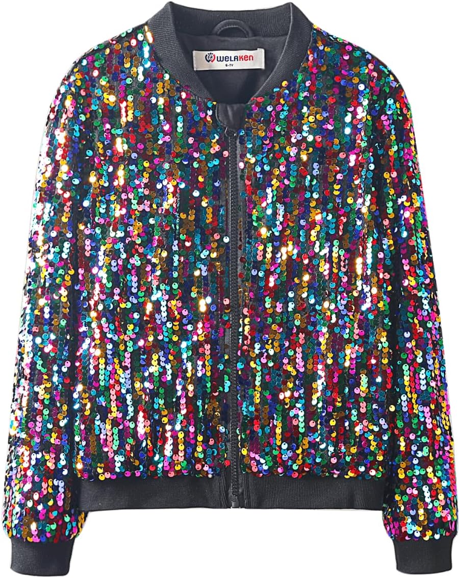 WELAKEN Girls' Ombre Sequin Bomber Jacket for Stylish Kids