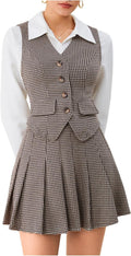 Milumia Women's 2 Piece Plaid Vest Blazer and Pleated Skirt Set