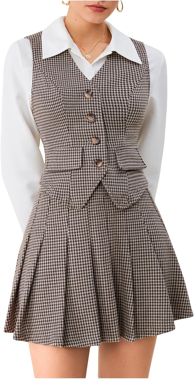 Milumia Women's 2 Piece Outfit: Stylish Plaid Vest and Skirt Set