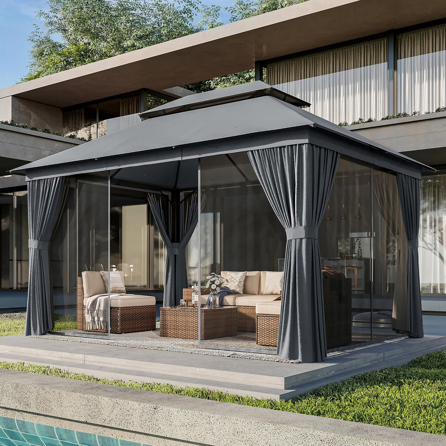 AOXUN Outdoor Gazebo for Patio 10x13 with Double Roofs