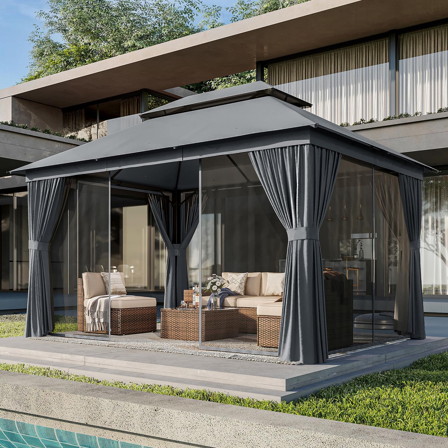 AOXUN Outdoor Gazebo for Patio 10x13 with Double Roofs