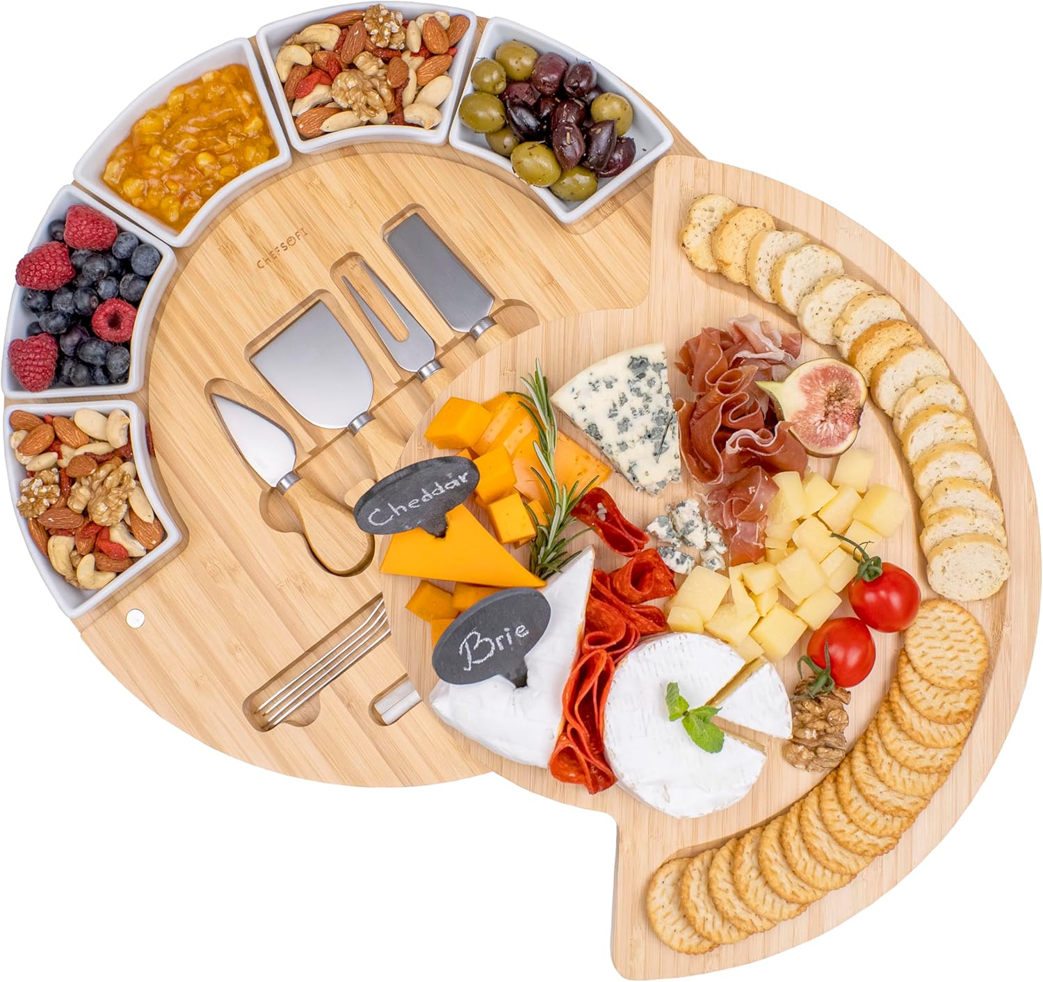 Charcuterie Cheese Board Set - Bamboo Wood with Knives & Bowls