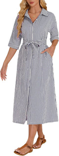 Women's Half Sleeve Plaid Midi Dress with Belt - Casual V Neck