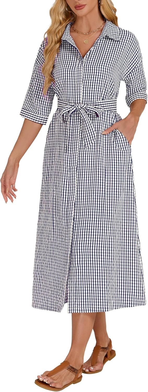 Women's Half Sleeve Plaid Midi Dress for Casual Summer Style