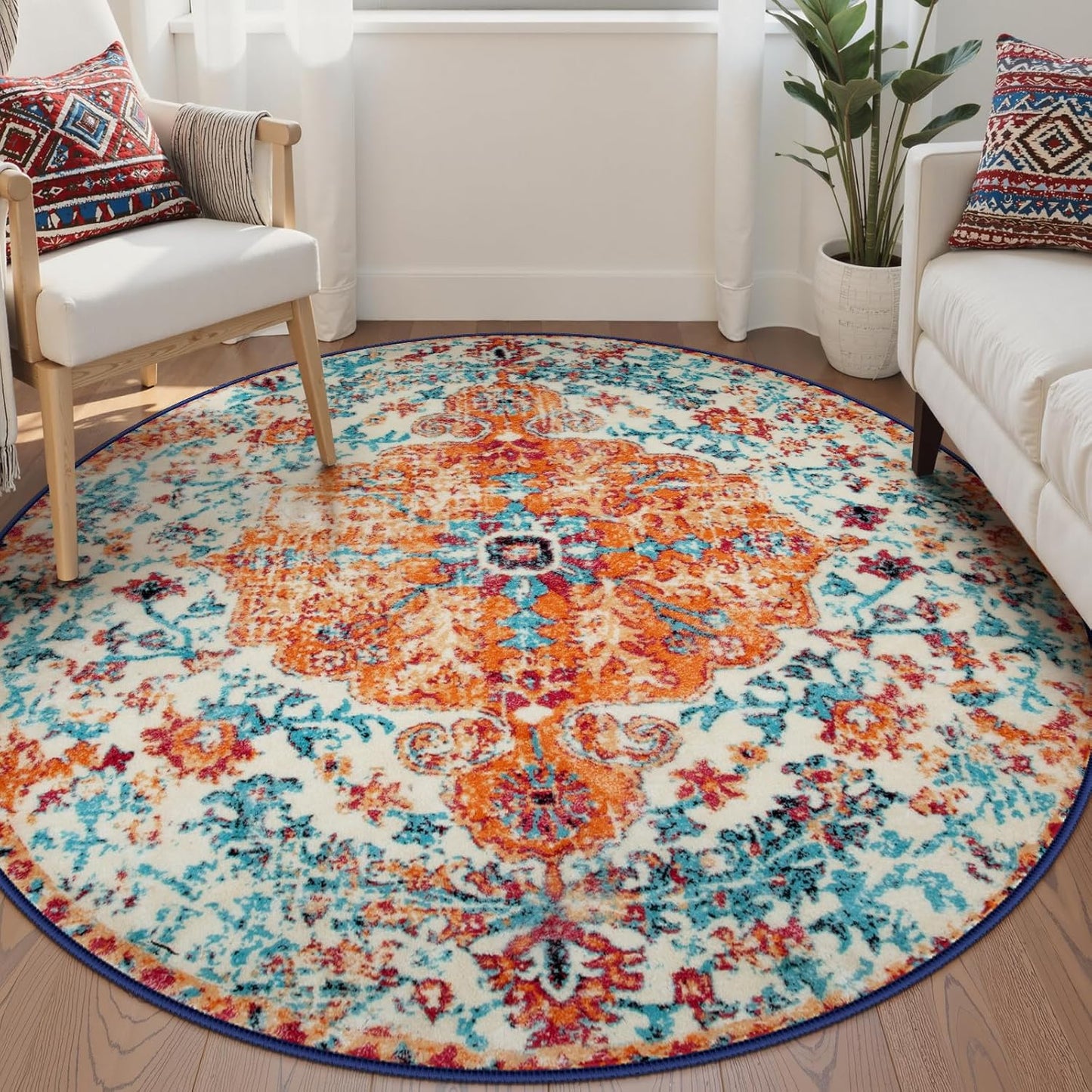 Lahome Bohemian Floral Medallion Round Rug - Soft 6Ft Carpet