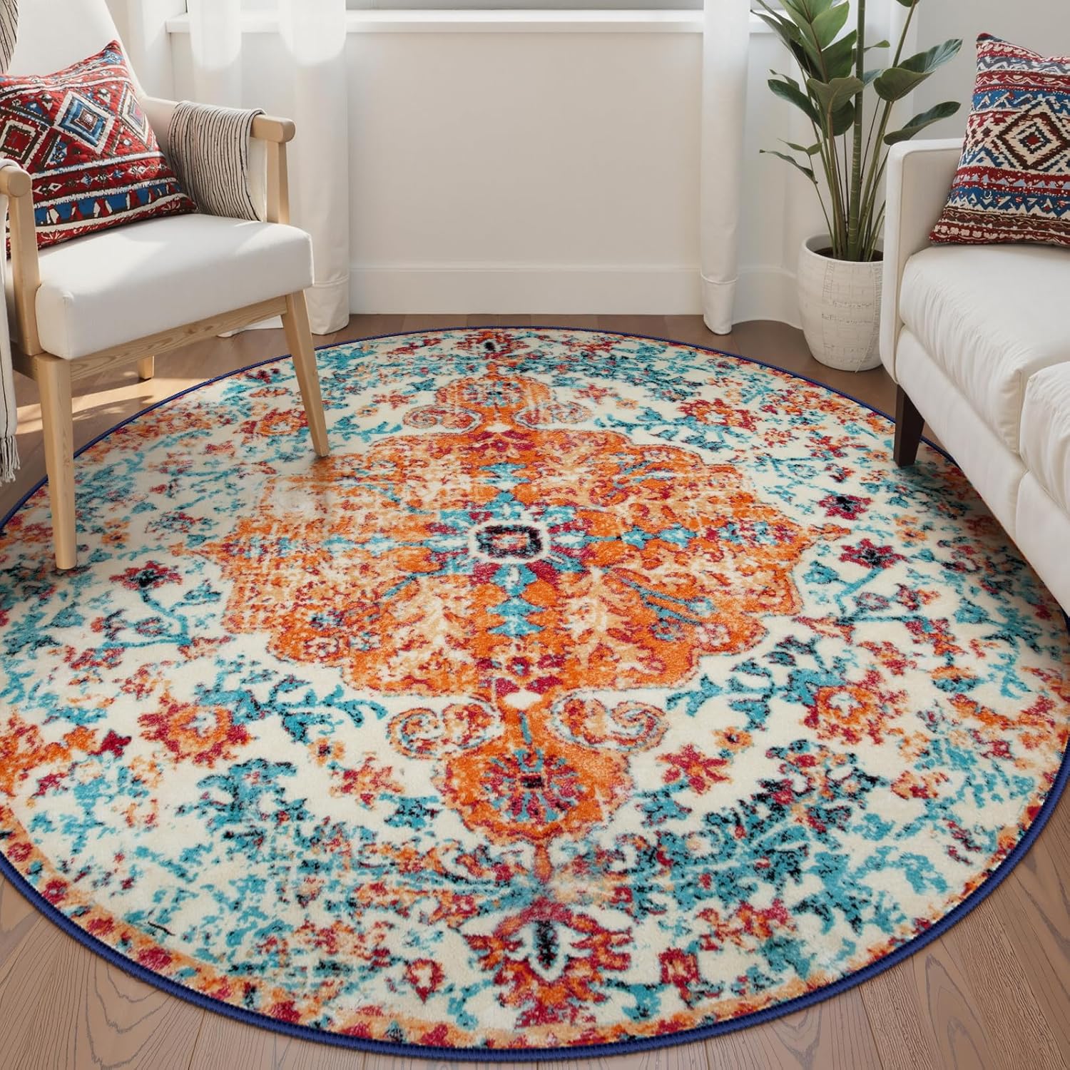 Lahome Bohemian Floral Medallion Round Rug - Soft 6Ft Carpet