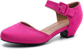Women's Hot Pink Ankle Strap Low Chunky Heel Pumps - Comfortable Work
