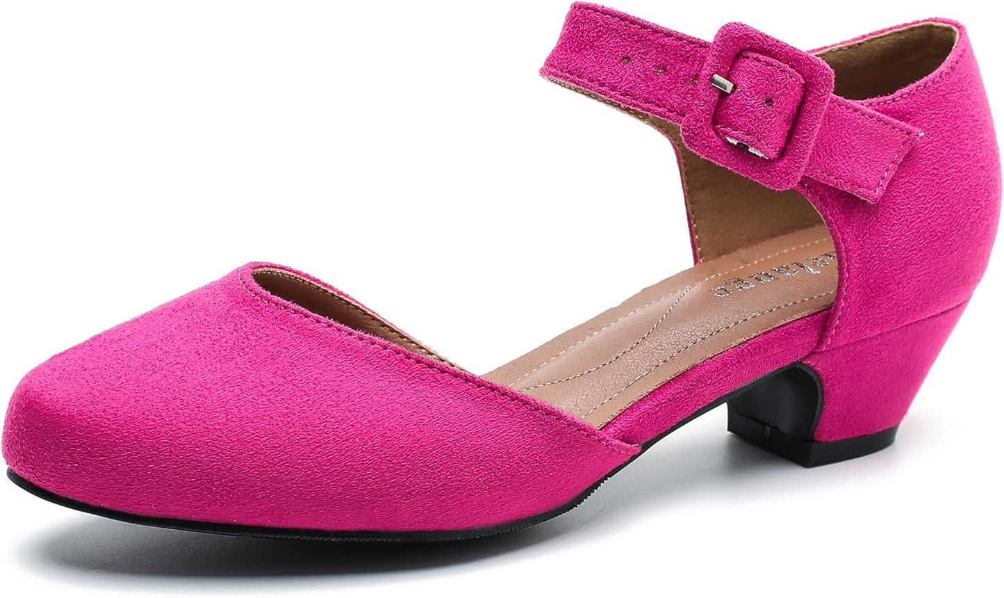 Enelauge Women's Ankle Strap Closed Toe Low Chunky Heel Pumps