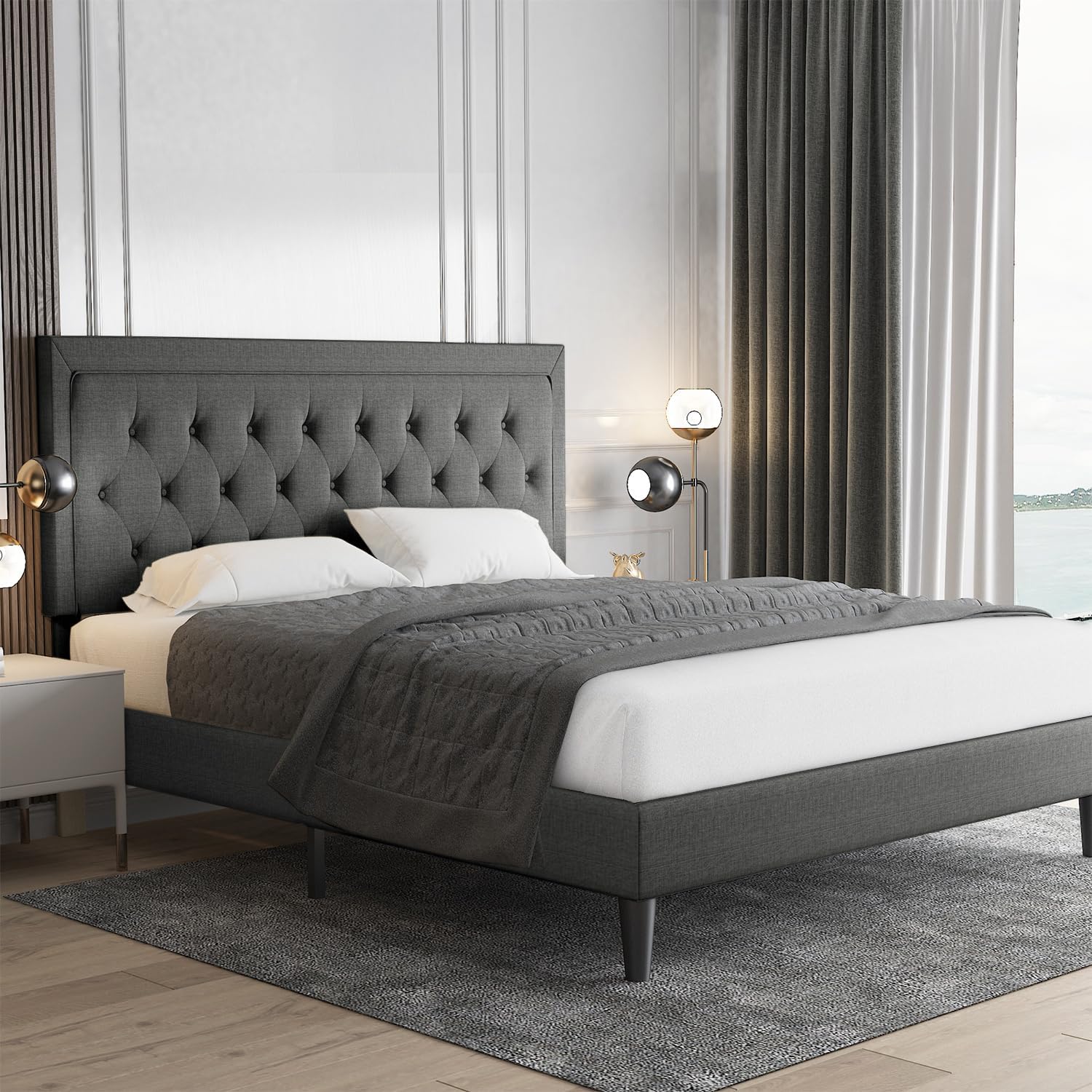 Allewie Queen Size Upholstered Bed Frame with Adjustable Headboard