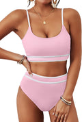 High Waisted Ribbed Two Piece Bikini - Flattering High Cut Fit