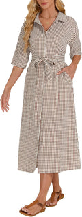 Women's Half Sleeve Plaid Midi Dress V Neck Belted Casual YEXPINE