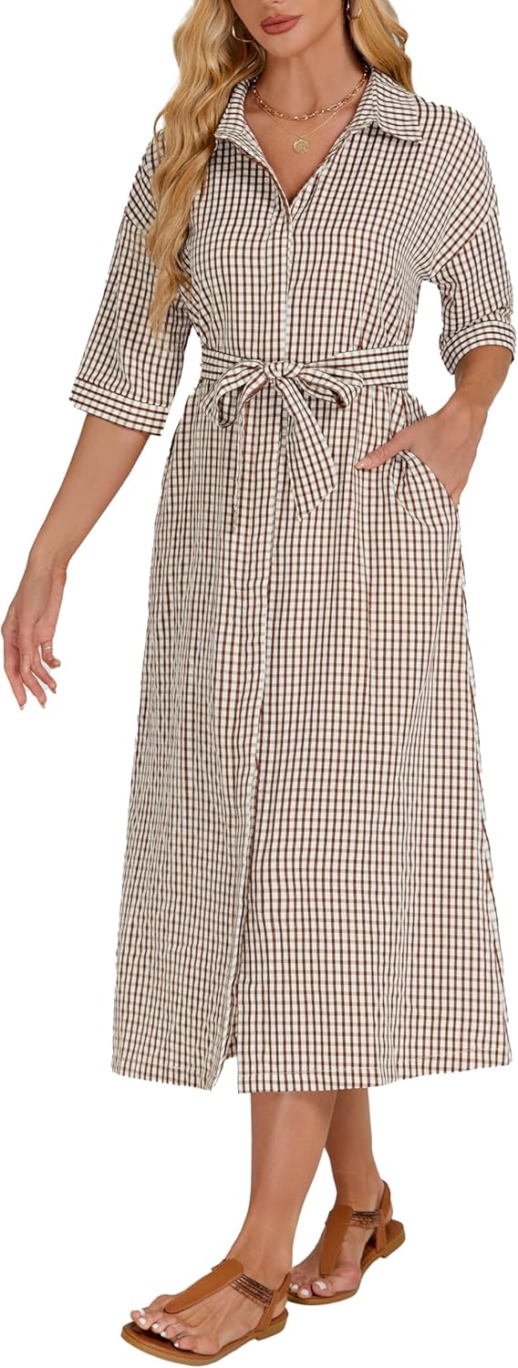 Women's Half Sleeve Plaid Midi Dress for Casual Summer Style