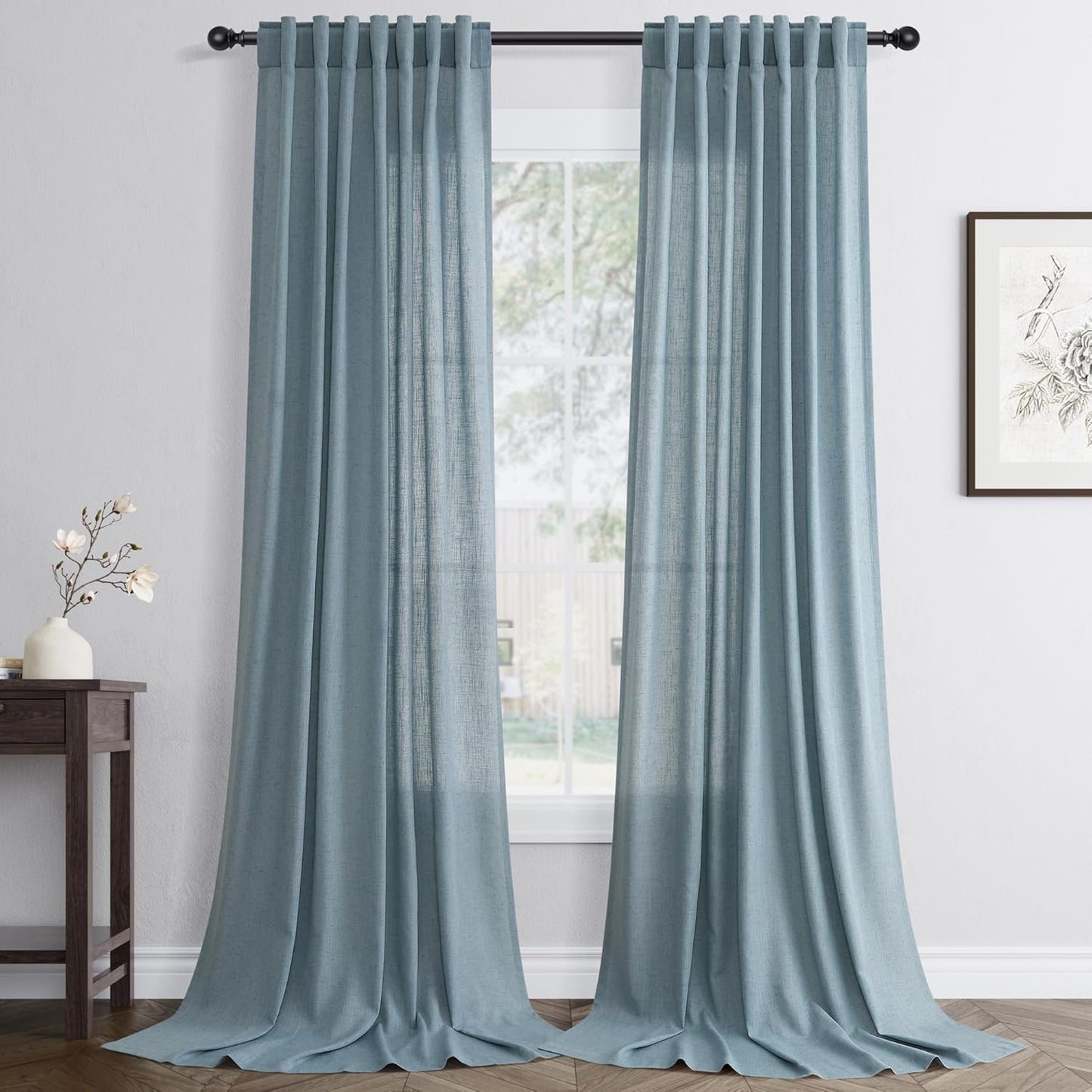 Blue Linen Curtains 84 Inch Long for Living Room and Bedroom