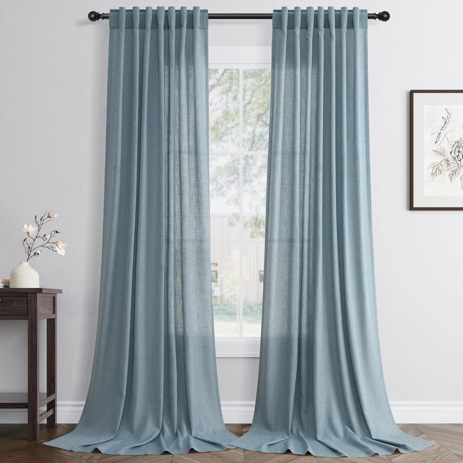 Blue Linen Curtains 84 Inch Long for Living Room and Bedroom