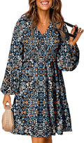 Boho Floral V Neck Long Sleeve Smocked Waist Mini Dress (Style RVGV)