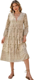 R.Vivimos Long Sleeve Floral Bohemian Midi Dress - Comfortable Retro