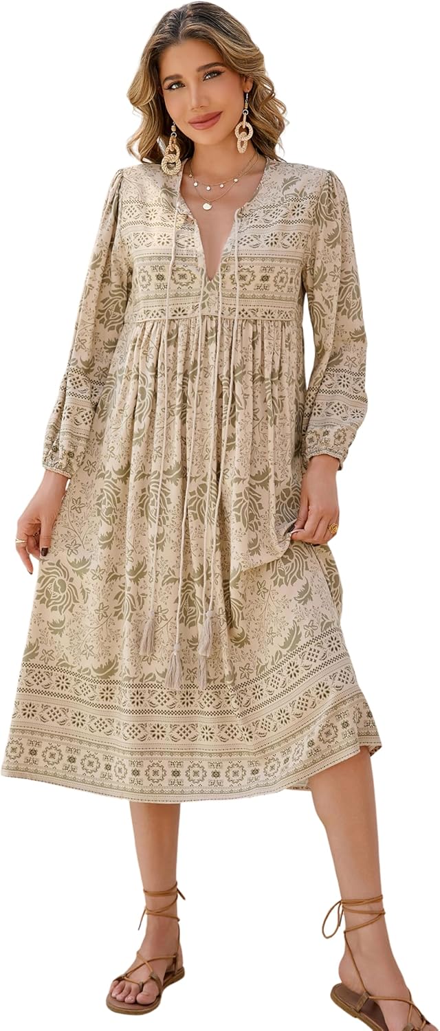 R.Vivimos Women's Long Sleeve Floral Print Bohemian Midi Dress