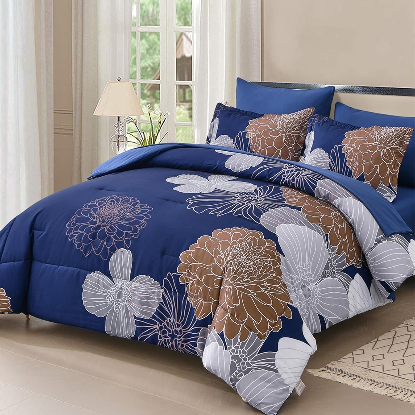 Yiran Navy Brown Comforter Set Queen Bed in a Bag 7 Pieces