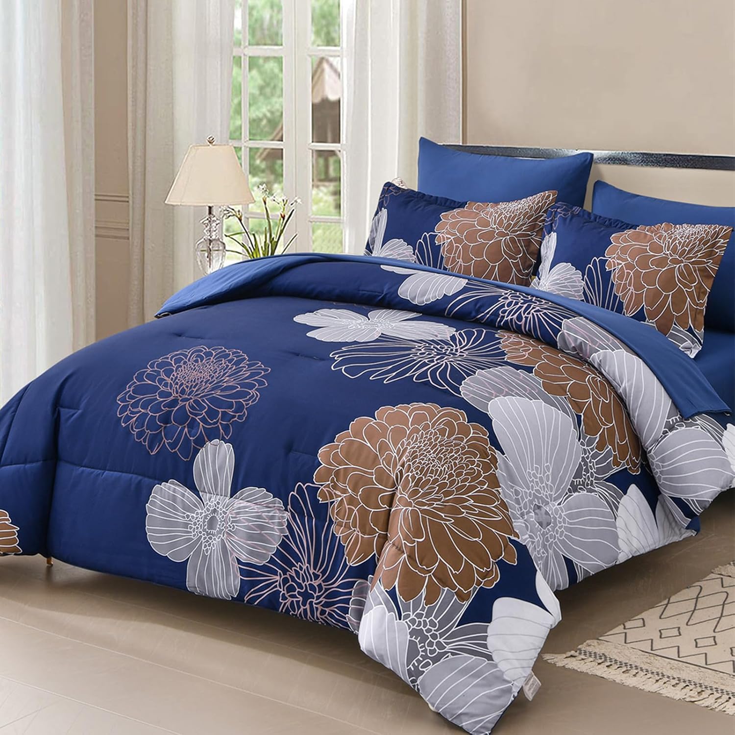 Yiran Navy Brown Comforter Set Queen Bed in a Bag 7 Pieces