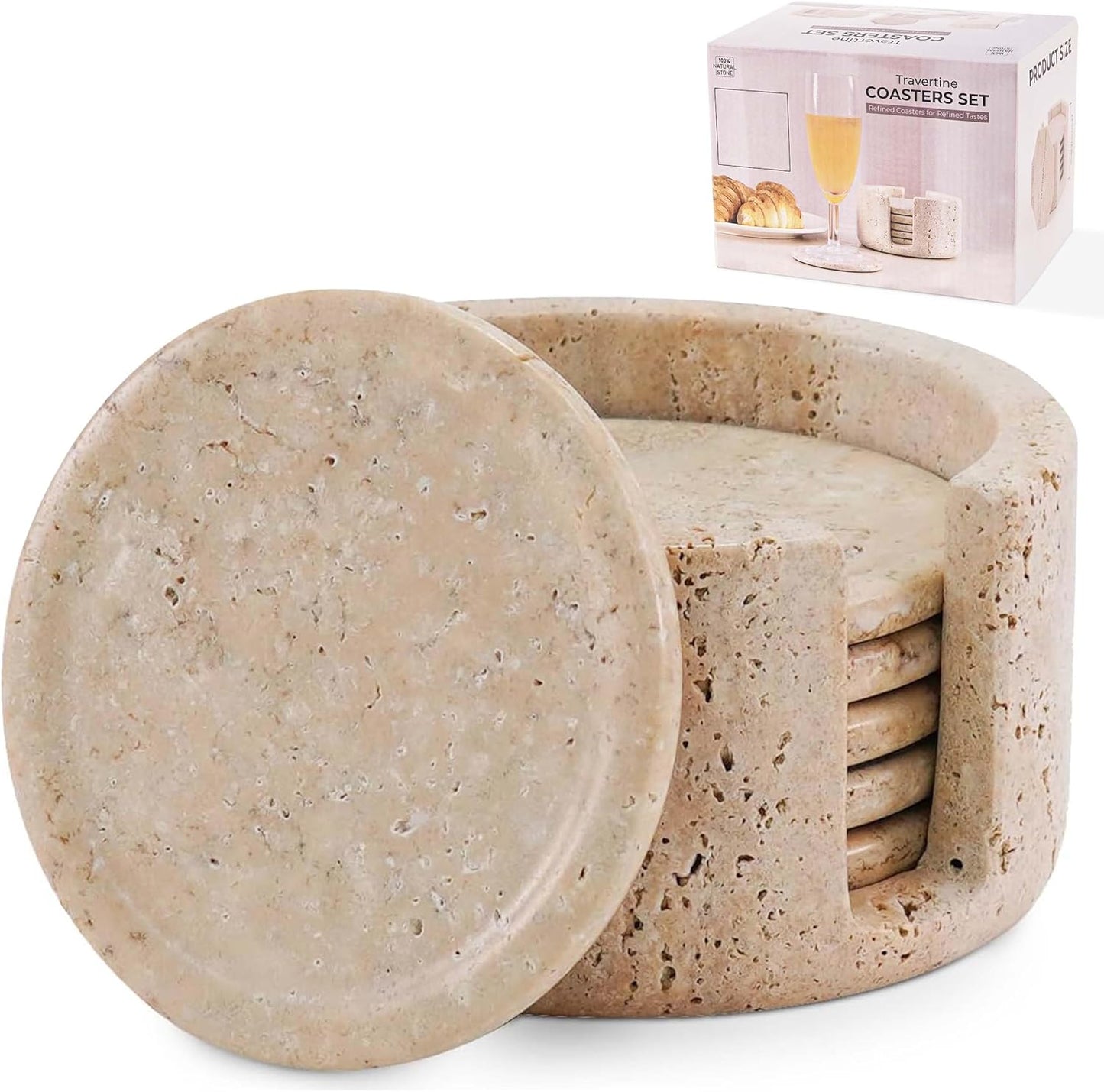 Marble Coasters Set of 6 Round Travertine for Drinks & Decor